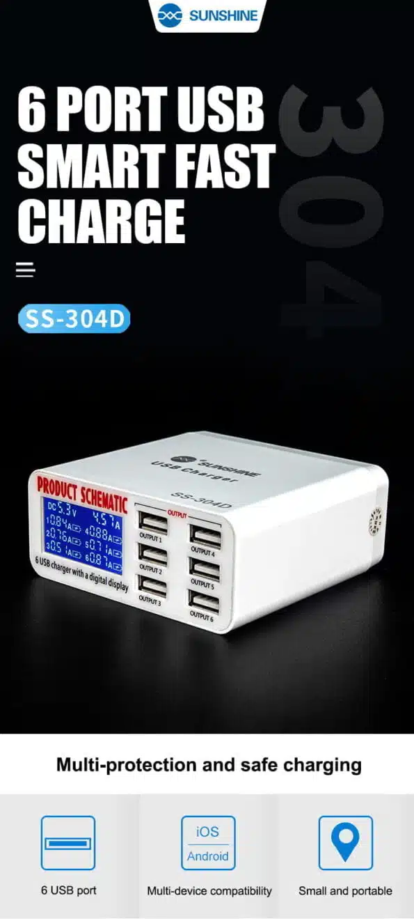 Chargeur intelligent 6 USB avec écran LCD