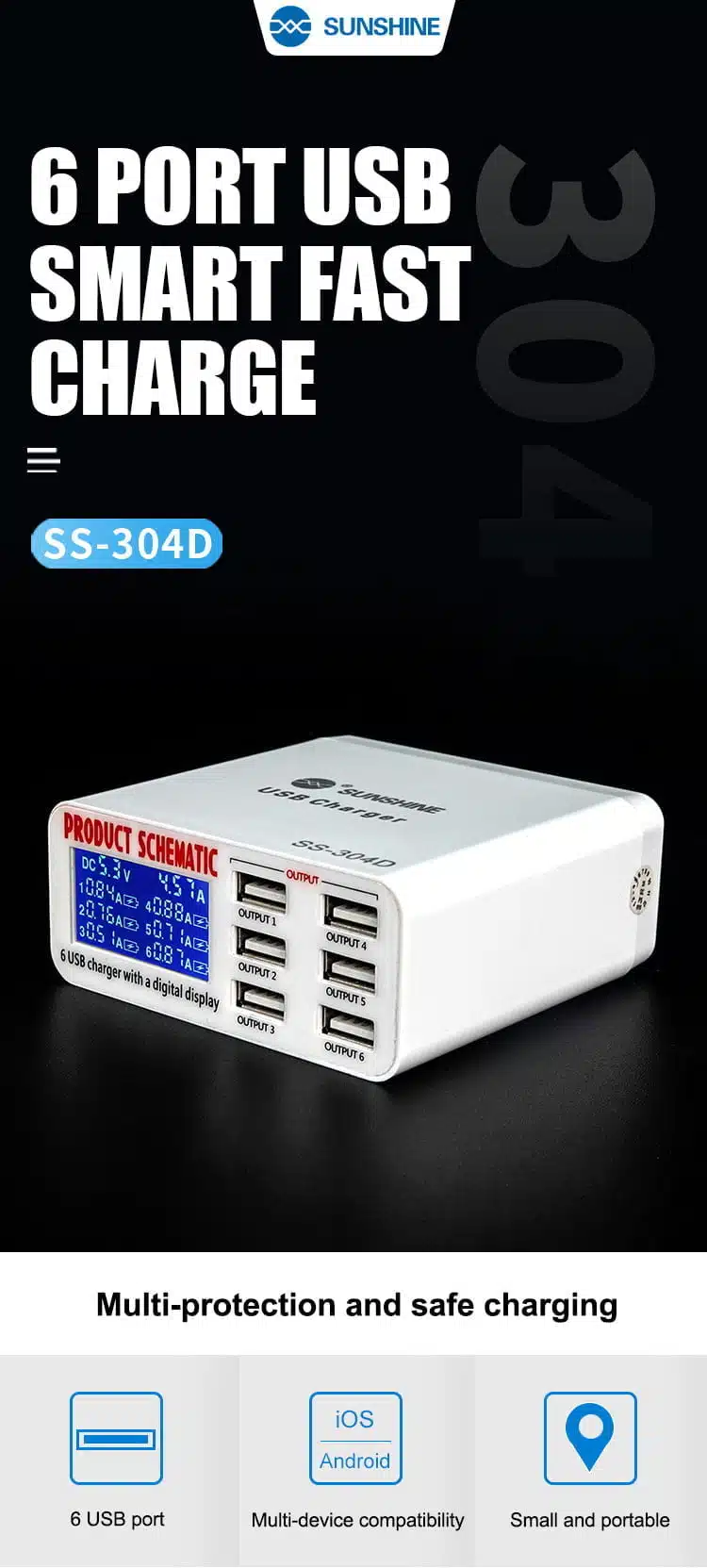 Chargeur intelligent 6 USB avec écran LCD