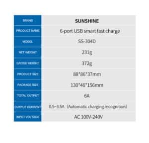 SUNSHINE Chargeur intelligent 6 USB avec écran LCD 6 Chargeur intelligent 6 USB avec écran LCD
