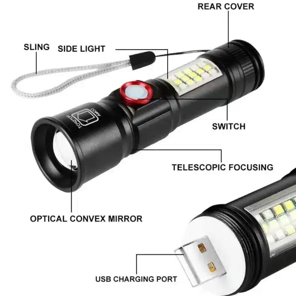 Lampe Torche LED Rechargeable USB Haute Puissance - Projecteur Multifonction Avec Dragonne - Blanche
