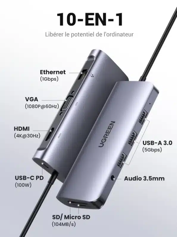 UGREEN 10 en 1 Hub USB C (HDMI VGA Adaptateur/USB C Ethernet Gigabit 1000 Mbps/Dock Multi Ports PD 100W/USB 3.0 5Gbps)