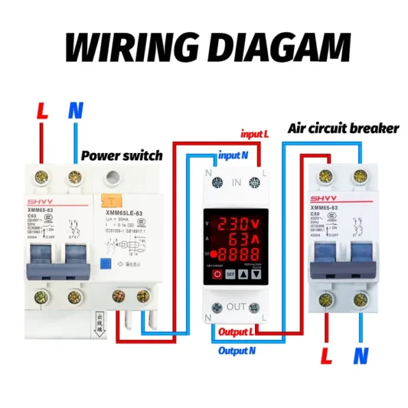 Câblage Protecteur de Tension 63A 3IN1 Numérique Réglable + Compteur Énergie 