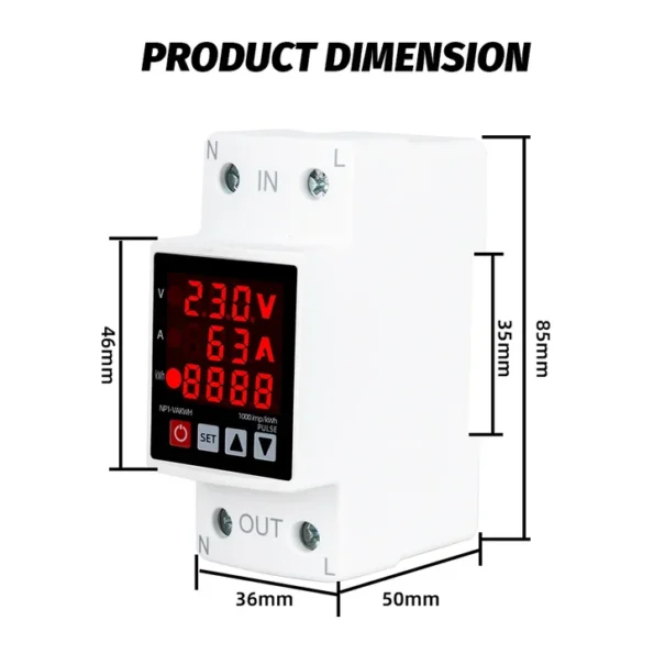 dimensions Protecteur de Tension 63A 3IN1 Numérique Réglable + Compteur Énergie